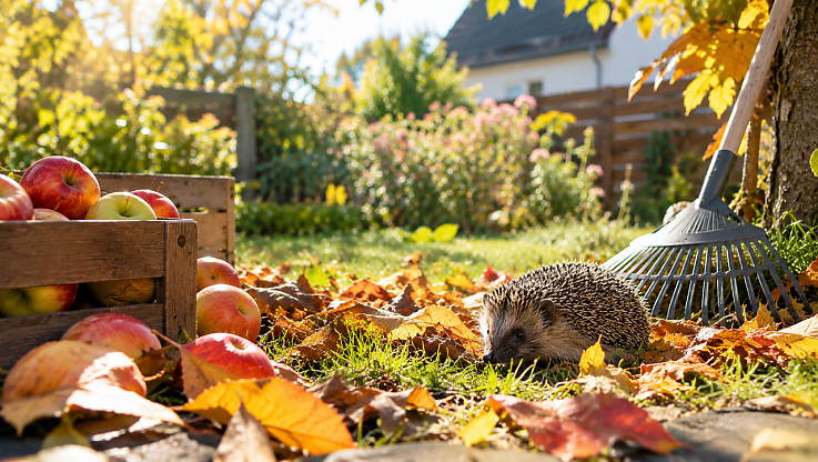 Ein sonniger Herbstgarten mit bunten Blättern auf dem Rasen. Im Vordergrund steht eine Holzkiste mit roten, grünen und gelben Äpfeln. Daneben liegt ein kleiner Igel zwischen Laub und Gras. Im Hintergrund sind ein Rechen, ein Baum und ein helles Wohnhaus zu sehen. Ein sonniger Herbstgarten mit bunten Blättern auf dem Rasen. Im Vordergrund steht eine Holzkiste mit roten, grünen und gelben Äpfeln. Daneben liegt ein kleiner Igel zwischen Laub und Gras. Im Hintergrund sind ein Rechen, ein Baum und ein helles Wohnhaus zu sehen.
