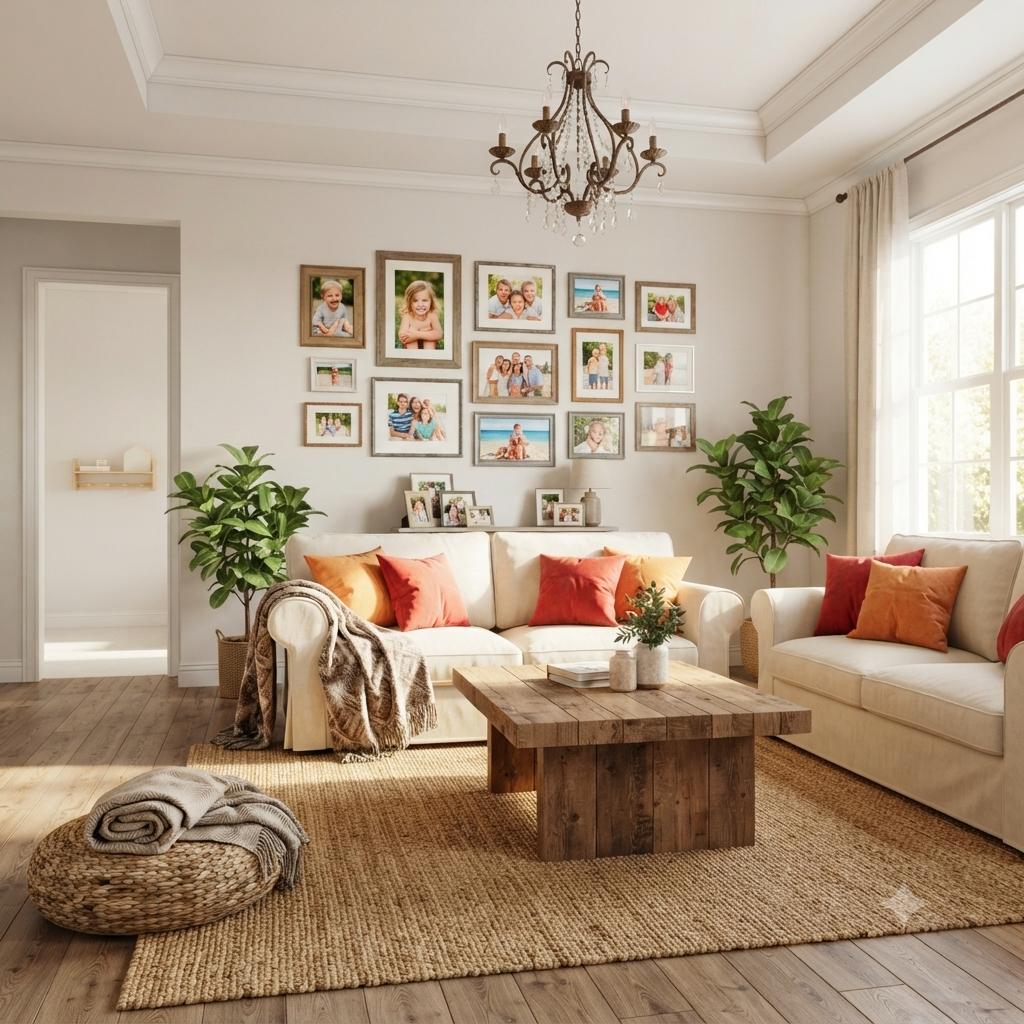 Ein helles, gemütliches Wohnzimmer mit beigen Sofas, die mit orangefarbenen und roten Kissen dekoriert sind. Über den Sofas hängt eine große Bilderwand mit zahlreichen Familienfotos. In der Mitte steht ein rustikaler Couchtisch aus Holz auf einem strukturierten Jute-Teppich, abgerundet durch Pflanzen und einen eleganten Kronleuchter.