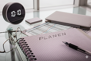 Schreibtisch mit einer runden digitalen Uhr, Brille und einem Notizblock mit der Aufschrift ‚PLANEN‘ auf Finanzgrafiken