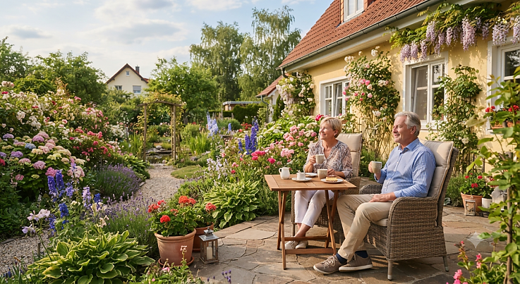 Ein Paar im Alter von etwa 60 Jahren sitzt entspannt an einem kleinen Holztisch auf einer sonnigen Terrasse und trinkt Kaffee. Sie blicken zufrieden in ihren blühenden, üppigen Sommergarten vor einem gepflegten Einfamilienhaus. Ein Paar im Alter von etwa 60 Jahren sitzt entspannt an einem kleinen Holztisch auf einer sonnigen Terrasse und trinkt Kaffee. Sie blicken zufrieden in ihren blühenden, üppigen Sommergarten vor einem gepflegten Einfamilienhaus.