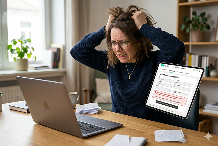 Eine Frau sitzt verzweifelt am Schreibtisch vor ihrem Laptop und rauft sich frustriert die Haare, w�hrend sie auf ein Online-Formular mit der �berschrift �Immo-Expos� anfordern� und einem roten Hinweisbalken blickt.