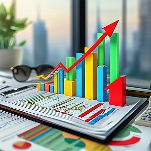 Eine 3D-Darstellung von bunten Balkendiagrammen und einem aufsteigenden roten Pfeil auf einem Schreibtisch mit Gesch�ftsunterlagen vor einer unscharfen Skyline