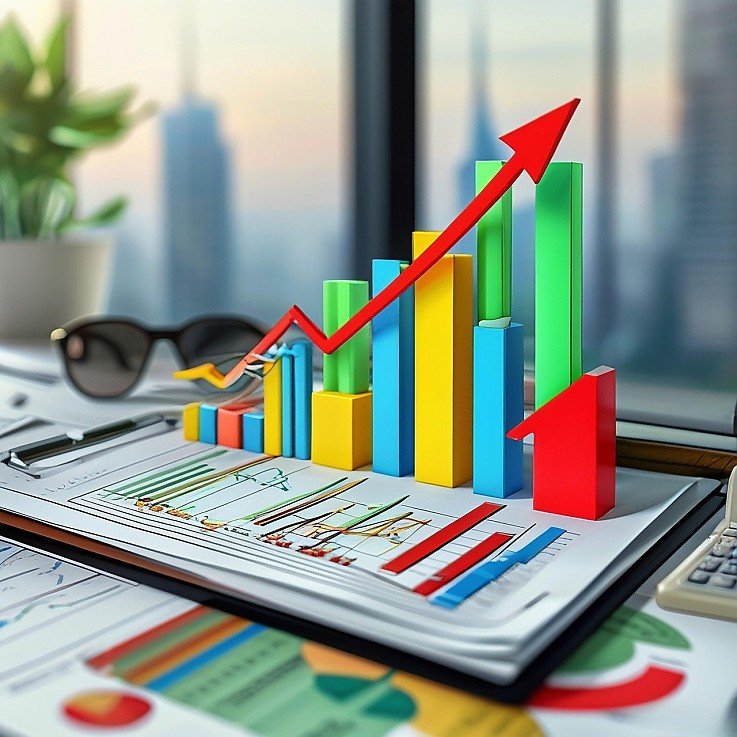 Eine 3D-Darstellung von bunten Balkendiagrammen und einem aufsteigenden roten Pfeil auf einem Schreibtisch mit Gesch�ftsunterlagen vor einer unscharfen Skyline