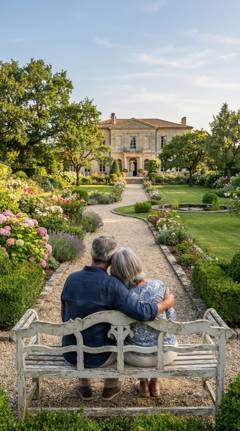 Ein älteres Paar, von hinten gesehen, sitzt eng umschlungen auf einer weißen, verzierten Holzbank. Sie blicken gemeinsam einen geschwungenen Kiesweg entlang auf eine große, klassische französische Villa mit Steinfassade im Hintergrund. Der Weg ist von üppigen, blühenden Blumenbeeten (einschließlich Hortensien und Lavendel) und Buchsbaumhecken gesäumt. Die Szene ist in warmes, spätes Nachmittagslicht getaucht.