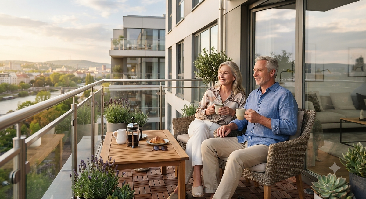 Ein zufriedenes Paar im Rentenalter sitzt entspannt auf einem möblierten Balkon mit Holzboden und Edelstahlgeländer. Sie blicken gemeinsam auf eine Stadtlandschaft mit Fluss im warmen Licht des Sonnenuntergangs. Auf einem kleinen Holztisch stehen Kaffee und Croissants bereit.