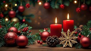 Weihnachtlicher Hintergrund mit Ornamenten, Kerzen und Kugeln